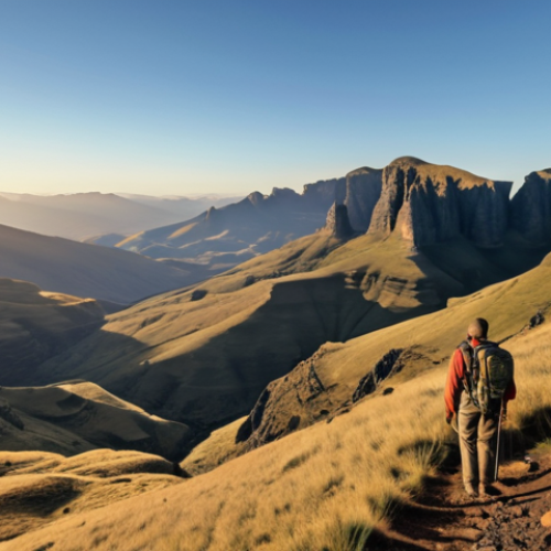 Home 15 ** Drakensberg Mountains, Lesotho. Majestic peaks under a clear blue sky. A lone hiker admiring the panoramic vista. Rugged terrain, with sparse vegetation. Golden hour lighting.
**