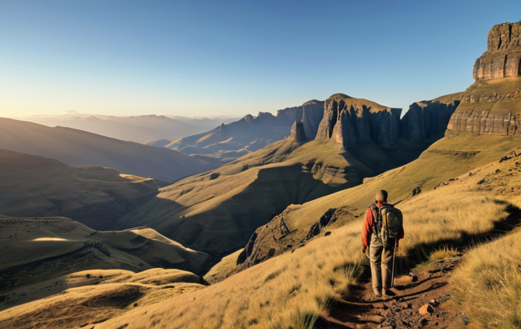 ** Drakensberg Mountains, Lesotho. Majestic peaks under a clear blue sky. A lone hiker admiring the panoramic vista. Rugged terrain, with sparse vegetation. Golden hour lighting.
**