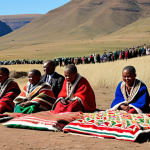**

A vibrant scene at the *Selemo se Secha* (Sesotho New Year) celebration in Malealea, Lesotho. Focus on the cultural elements: elders in traditional blankets leading ceremonies, drums resonating in the mountains, and the preparation of *motoho* (traditional sorghum beer). Capture the energy and essence of Lesotho's cultural roots during this purification and renewal ritual.

**