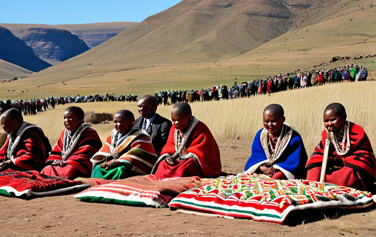 **
A vibrant scene at the *Selemo se Secha* (Sesotho New Year) celebration in Malealea, Lesotho. Focus on the cultural elements: elders in traditional blankets leading ceremonies, drums resonating in the mountains, and the preparation of *motoho* (traditional sorghum beer). Capture the energy and essence of Lesotho's cultural roots during this purification and renewal ritual.
**