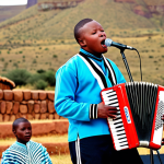 **

A vibrant stage performance of *Famo* music in Lesotho. The lead singer passionately belts out lyrics in Sesotho, while a skilled accordion player rocks the melody. In the background, other musicians beat African drums and create a rhythmic backing. The musicians are dressed in modern clothing but the visual cues of "Famo" music are presented.

**