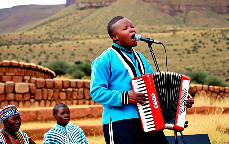 **
A vibrant stage performance of *Famo* music in Lesotho. The lead singer passionately belts out lyrics in Sesotho, while a skilled accordion player rocks the melody. In the background, other musicians beat African drums and create a rhythmic backing. The musicians are dressed in modern clothing but the visual cues of "Famo" music are presented.
**