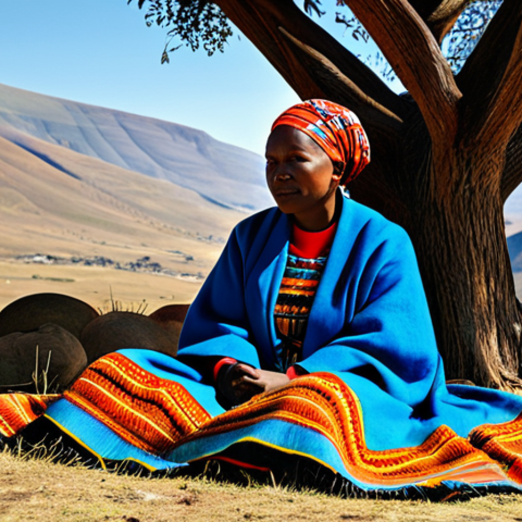 A Basotho woman, in modest traditional Basotho attire with a vibrant patterned dress and headscarf, meticulously weaving an iconic Basotho blanket (Seanapepe) from colorful merino wool threads. She is seated comfortably on the ground under the gentle shade of a tree, surrounded by the natural, sun-drenched landscape of Lesotho mountains in the background. Her hands are focused on the intricate weaving, showing perfect anatomy and proper finger count. The scene is bathed in warm, soft natural light. High-resolution, professional photography, realistic rendering, correct proportions, natural pose, well-formed hands, natural body proportions, fully clothed, appropriate attire, modest clothing, family-friendly, safe for work, appropriate content.
