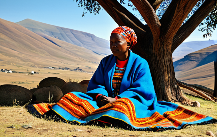 A Basotho woman, in modest traditional Basotho attire with a vibrant patterned dress and headscarf, meticulously weaving an iconic Basotho blanket (Seanapepe) from colorful merino wool threads. She is seated comfortably on the ground under the gentle shade of a tree, surrounded by the natural, sun-drenched landscape of Lesotho mountains in the background. Her hands are focused on the intricate weaving, showing perfect anatomy and proper finger count. The scene is bathed in warm, soft natural light. High-resolution, professional photography, realistic rendering, correct proportions, natural pose, well-formed hands, natural body proportions, fully clothed, appropriate attire, modest clothing, family-friendly, safe for work, appropriate content.
