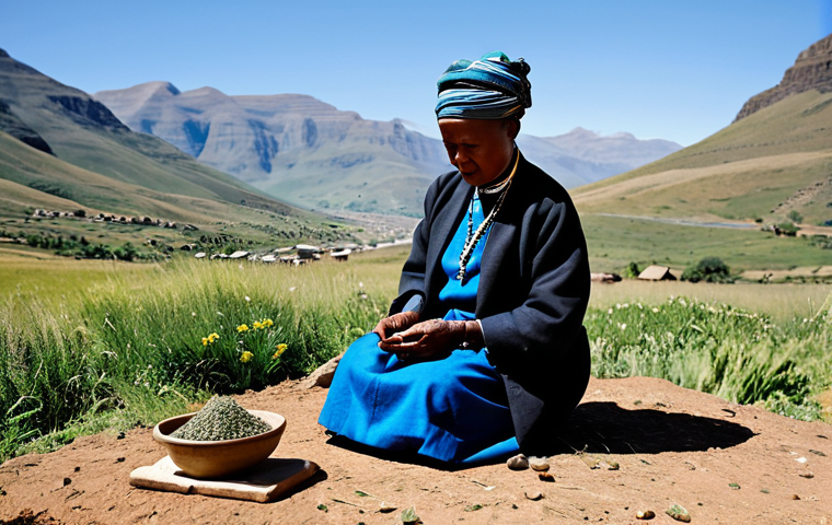 레소토에서의 전통적 의료 시술 - Ngaka at Work**

"A professional Ngaka (traditional healer) in Lesotho, fully clothed in modest trad...
