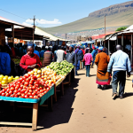 레소토에서의 물가 수준 - **Prompt:** A bustling local market scene in Maseru, Lesotho. Vendors selling fresh produce and cook...