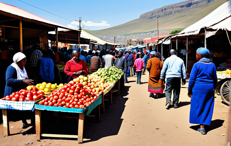 레소토에서의 물가 수준 - **Prompt:** A bustling local market scene in Maseru, Lesotho. Vendors selling fresh produce and cook...
