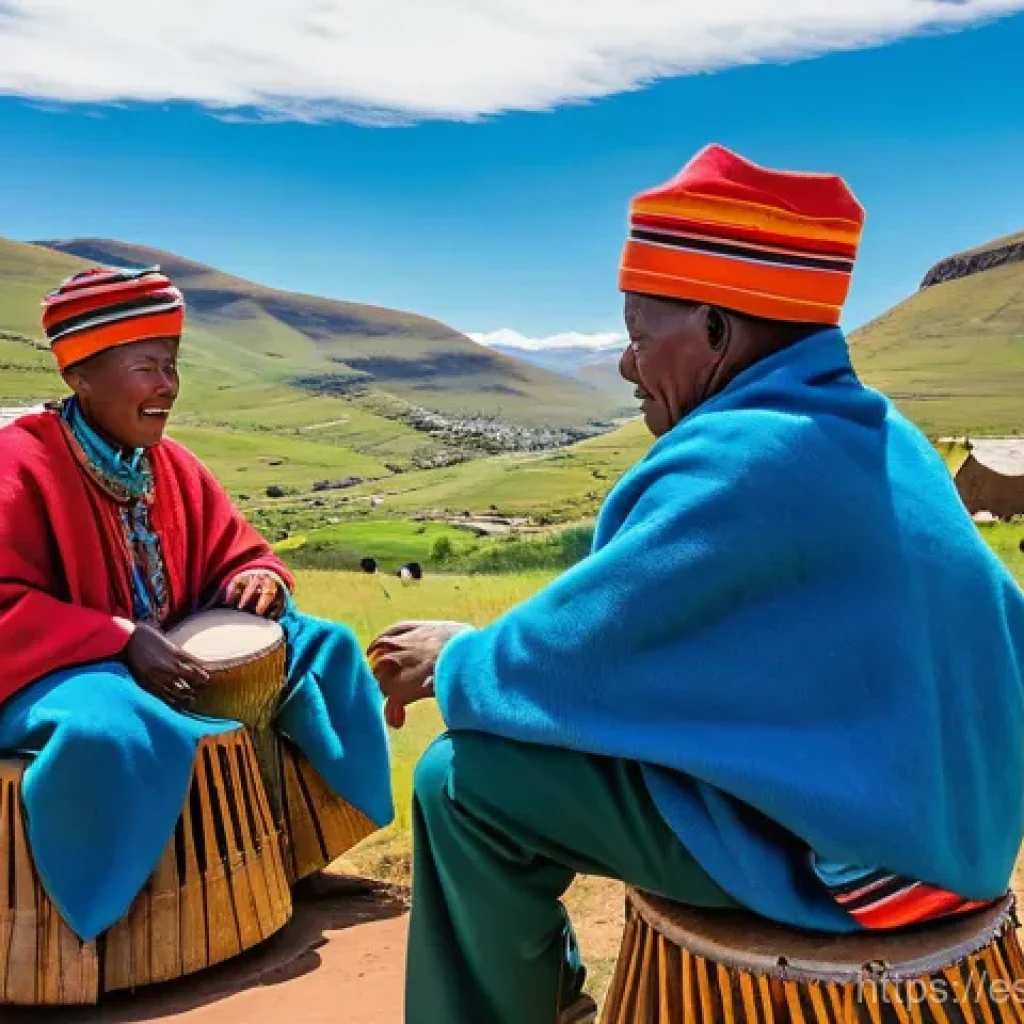 레소토의 인기 음악 장르 - **Famo Music Gathering in a Mountain Village:** A vibrant, highly detailed photographic scene of Bas...