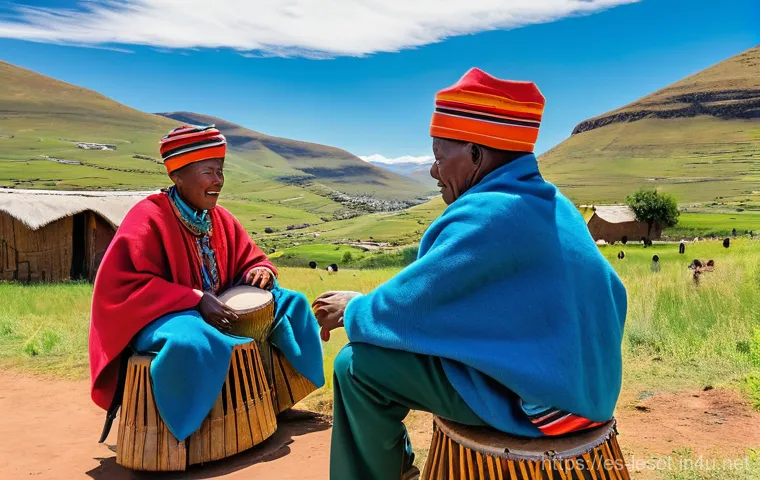 레소토의 인기 음악 장르 - **Famo Music Gathering in a Mountain Village:** A vibrant, highly detailed photographic scene of Bas...
