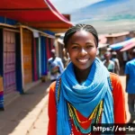 레소토에서의 유행 패션 스타일 - A vibrant street scene in Maseru, Lesotho, showcasing young people blending traditional textiles wit...