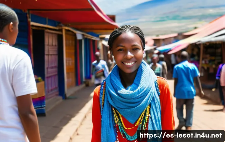 레소토에서의 유행 패션 스타일 - A vibrant street scene in Maseru, Lesotho, showcasing young people blending traditional textiles wit...
