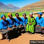 레소토의 주요 방송 및 언론 매체 - A vibrant rural Lesotho community scene centered around a traditional radio broadcast: a group of di...