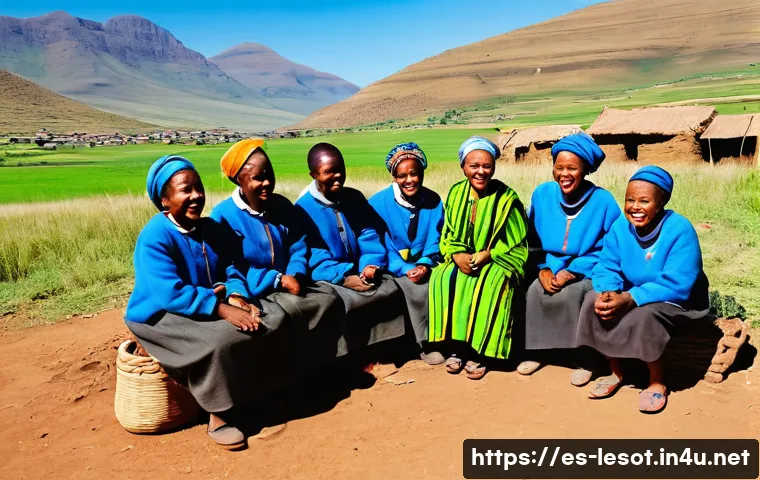 레소토의 주요 방송 및 언론 매체 - A vibrant rural Lesotho community scene centered around a traditional radio broadcast: a group of di...