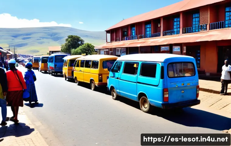 레소토 교통편 및 이동 방법 - A lively street scene in Maseru, Lesotho, featuring colorful minibuses packed with local passengers ...
