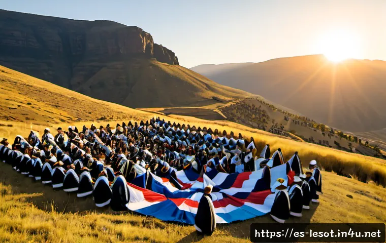 레소토의 주요 사건 - Photorealistic historical scene representing Lesotho’s independence era, dignified Basotho community...